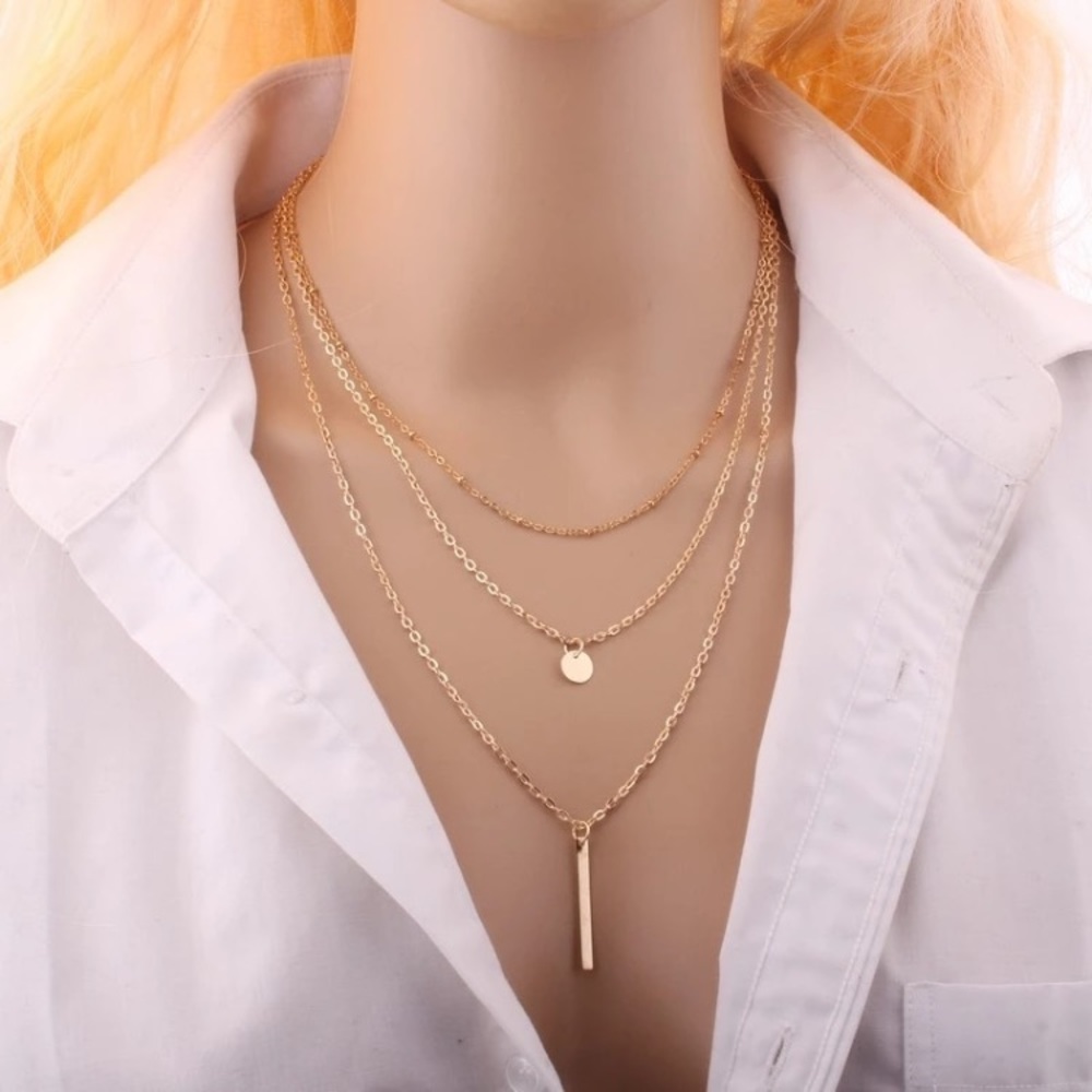 NEW Gold Circle Bar Multi Layered Necklace - Picture 1 of 3